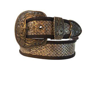 Vintage 1996 Western Style Belt Medium Ornate Brass Buckle & Faux Snake Boho